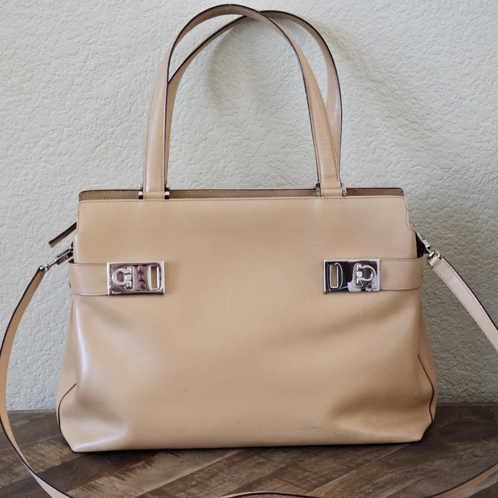 Salvatore Ferragamo Camel Leather Satchel Shoulder Bag Silver Gancini Hardware